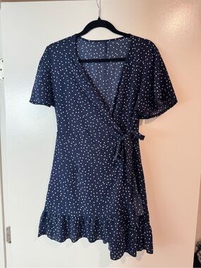Navy Polka Dot Wrap Dress with Tie Waist